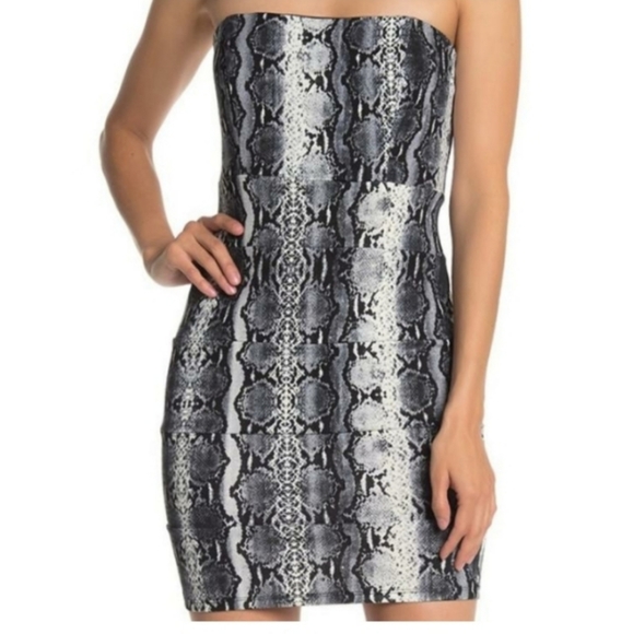 Jump Apparel Women's Large Strapless Bodycon Stretch Mini Dress Gray Print Zip - Picture 2 of 11